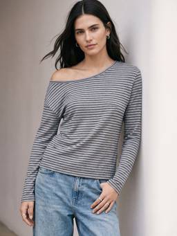 Outzidr - Grey Off-Shoulder Striped Full Sleeved T-Shirt