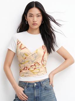 Outzidr - Multicolor Twofer Styled Silhouette With Printed Satin Wrap Top