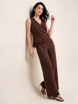 Outzidr - Brown Satin Lace-Trim Sleeveless Co-Ords