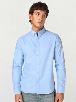 Bewakoof - Blue Solid Plain Pure Cotton Shirt