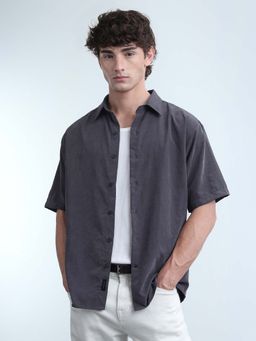 Flying Machine - Grey Solid Plain Polyester Shirt