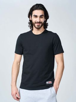 LOTTO - Black Solid Plain Cotton T-Shirt