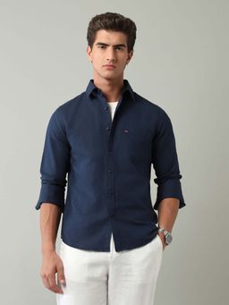 AD By Arvind - Blue Solid Plain Linen Blend Shirt