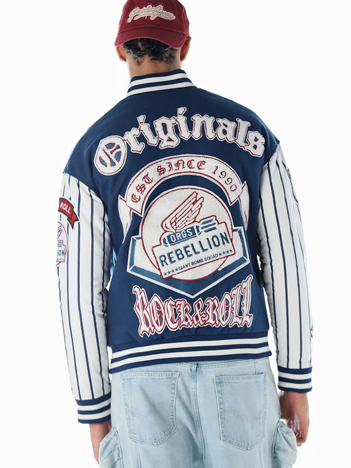 Jack & Jones Men Graphic Print Oversized Navy Blue Jacket
