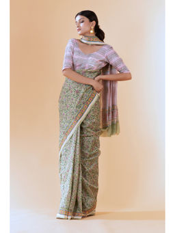Shilpi Handicrafts - Aheli Olive Floral Chanderi Saree With Unstitched