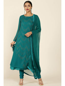 Soch - Women Teal Georgette Embellished Anarkali Kurta with Churidar and Dupatta (Set of 3)