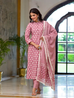 Divena - Women Lavender Cotton Polka Dots Kurta with Pant and Dupatta (Set of 3)