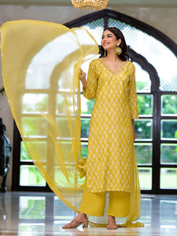 Divena - Women Yellow Muslin Floral Kurta with Palazzo and Dupatta (Set of 3)