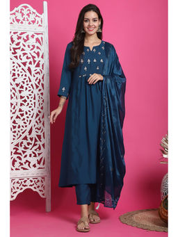 Rajnandini - Women Teal Poly Silk Floral Kurta with Pant and Dupatta (Set of 3)