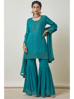 Soch - Women Teal Georgette Embellished Kurta with Sharara and Dupatta (Set of 3)