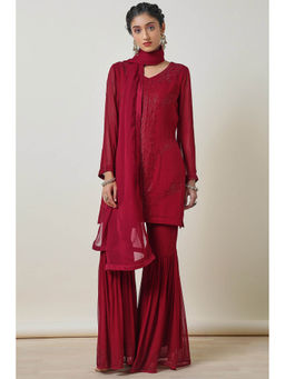 Soch - Women Red Georgette Embellished Kurta with Sharara and Dupatta (Set of 3)
