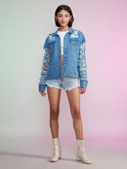 MIXT by Nykaa Fashion - Blue Textured Ripped Denim Jacket