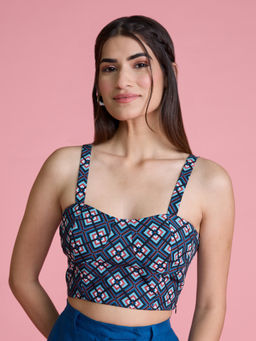 Twenty Dresses by Nykaa Fashion - Blue Geometric Print Bustier Crop Top