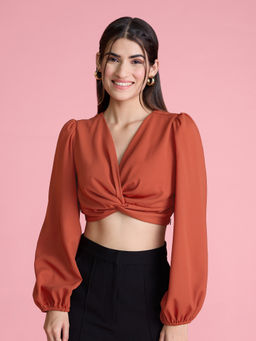 Twenty Dresses by Nykaa Fashion - Rust Full Sleeves V Neck Crop Top