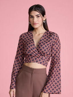 Twenty Dresses by Nykaa Fashion - Rust Full Sleeves Geometric Print Crop Top