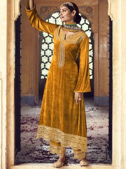 Stylee LIFESTYLE - Gold Velvet Embroidered Dress Material