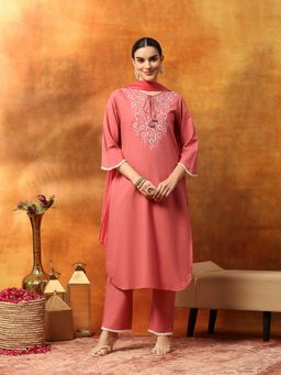Nayam by lakshita - Cotton Peach Embroidered Straight Kurta Pant with Dupatta