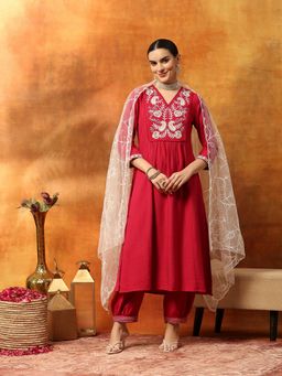 Nayam by lakshita - Pink Blended A-Line Embroidered Kurta with Dupatta