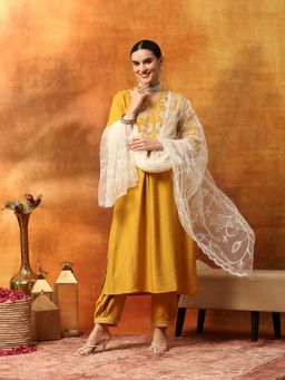Nayam by lakshita - Yellow Blended A-Line Embroidered Kurta with Dupatta