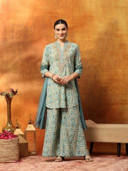 Nayam by lakshita - Teal Sequin Kurta Palazzo with Dupatta