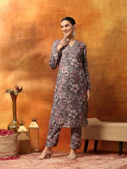 Nayam by lakshita - Women Purple Floral Printed Straight Kurta and Pant