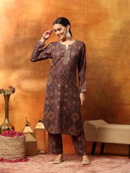 Nayam by lakshita - Floral Brown Embroidered Kurta and Pant