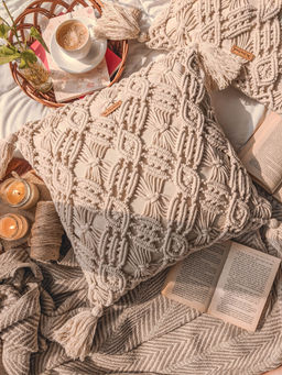 Karighar - Off White Tassels Cushion Cover 16x16 Inches