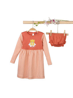 Bontots - Organic Cotton Happy Camper Soft & Cozy Rust/Stripe Baby Dress with Panty