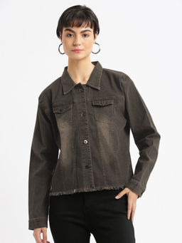 SHOWOFF - Women Spread Collar Brown Solid Denim Jacket