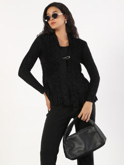 SHOWOFF - Women Black Solid Shrug with Broach