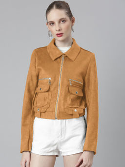 SHOWOFF - Women Spread Collar Rust Solid Tailored Jacket