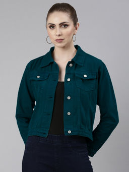 SHOWOFF - Women Spread Collar Green Blue Solid Denim Jacket