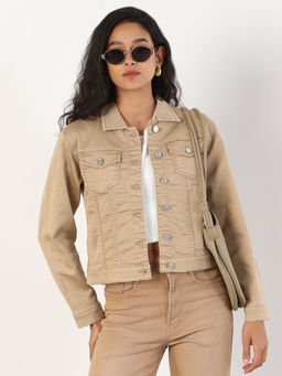SHOWOFF - Women Spread Collar Khaki Solid Denim Jacket