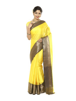 Banarasi Silk Works - Yellow Resham Zari Black Pattu Border Art Saree with Unstitched Blouse