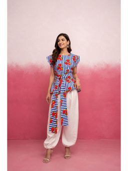 DEASHA INDIA - Aarshi Blue Strawberry Stripe Balloon Co-Ord Set with Belt