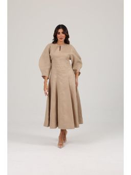 Khushboo & Pankaj - Women's Beige Linen A-Line Midi Dress