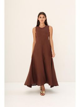 Khushboo & Pankaj - Women's Brown Linen A-Line Maxi Dress