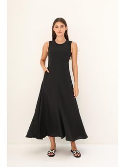 Khushboo & Pankaj - Women's Black Linen Sleeveless A-Line Midi Dress