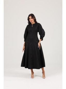 Khushboo & Pankaj - Women's Black Linen A-Line Midi Dress