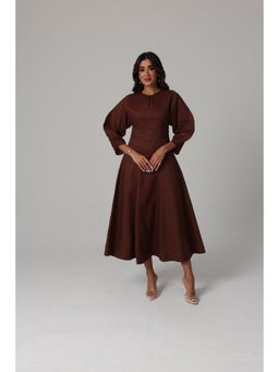 Khushboo & Pankaj - Women's Brown Linen A-Line Midi Dress