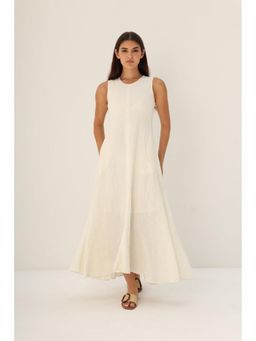 Khushboo & Pankaj - Women's Ivory Embroidered Linen A-Line Midi Dress