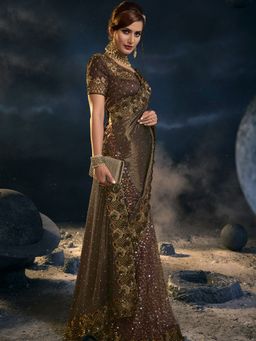 Odette - Brown Net Sequins Embroidered Saree with Unstitched Blouse