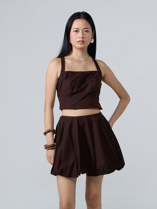 Twenty Dresses by Nykaa Fashion Brown Solid Square Neck Top Balloon Mini Skirt Co Ord Set
