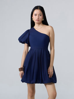 Twenty Dresses by Nykaa Fashion - Navy Blue One Shoulder Puff Sleeve Balloon Hem Mini Dress