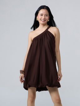 Twenty Dresses by Nykaa Fashion - Brown One Shoulder Strappy Balloon Hem Mini Dress