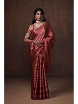 Dressfolk - Magenta and Copper Stripes Handwoven Tissue Saree without Blouse