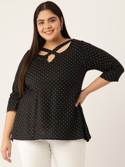 theRebelinme - Plus Size Womens Black Polka Dot Printed Neck Cut Out Detail Woven Top