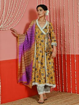 Myaara - Mustard Printed Cotton Ethnic Angarkha Kurta And Pant With Ombre Dupatta (Set of 3)