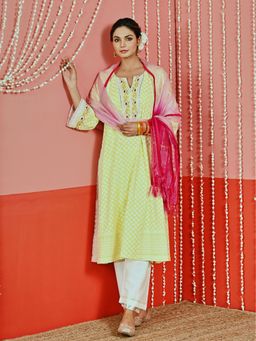 Myaara - Yellow Cotton Kurta And Pant With Self-embroidery And Organza Dupatta (Set of 3)