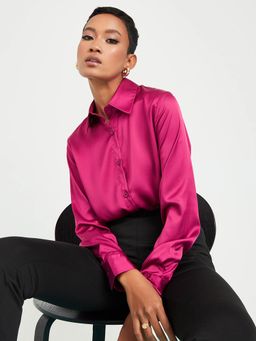 Styli - Pink Satin Long Sleeves Button Through Shirt